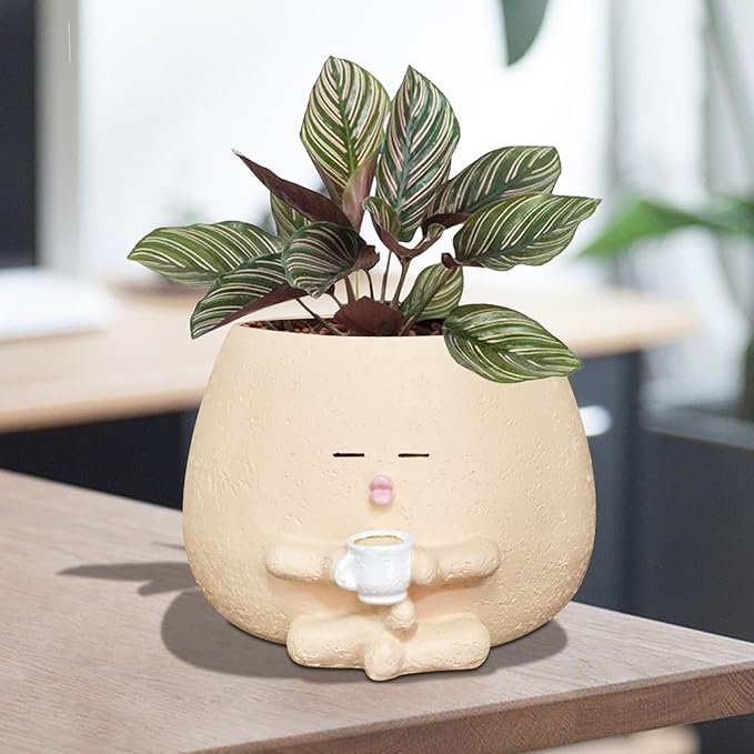 Smily Face Planter Pot with Coffee Cup Cute Resin Flower Head Planters for Indoor Outdoor Unique Sit Succulent Pots with Drainage Hole Gift IdeaI for Mother Christmas (Khaki)