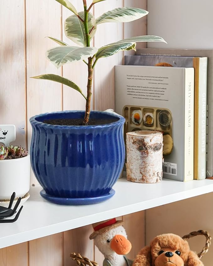 Ceramic Flower Pots, Ceramic Planters with Drainage Hole and Saucer, Modern Round Ceramic Succulent Plant Pots with Stripe Texture, Small to Medium Sized, Set of 3, Navy Blue