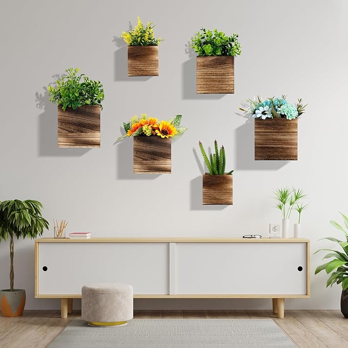 6 Pack Rustic Wood Wall Planters Hanging Wall Planters Pocket Vases Hanging Decor Vase for Plants Dried Flowers Faux Greenery Plants Indoor Living Room Bedroom Farmhouse Home Decor (3 Sizes)