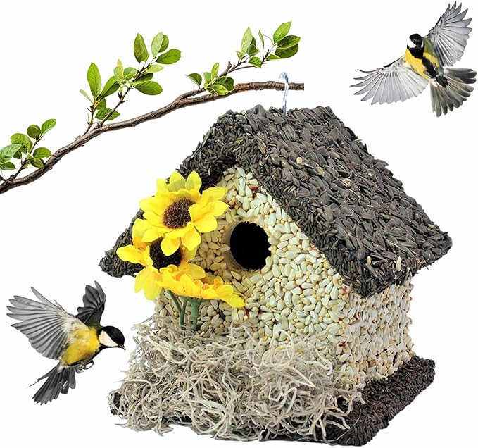Edible Birdhouse - Birdseed Bird Feeder, Wooden Birds Houses Covered in Wild Bird Food, Squirrel Resistant Birds Feeders for Outside Hanging, Watching Gift for Garden Lovers, (SD)