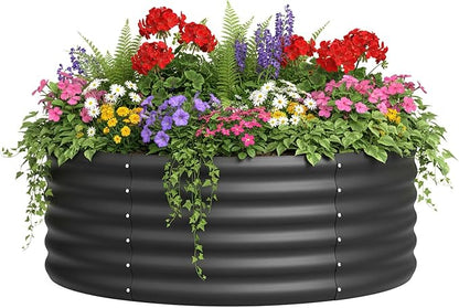 DDK Galvanized Raised Garden Bed,Round Outdoor Planter Bed, 4x4x1.5ft Metal Planter Box for Gardening and Planting,BK