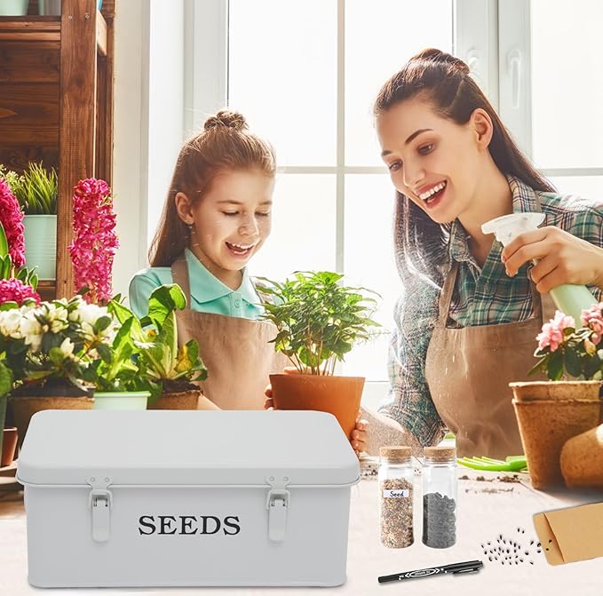 Seed Storage Box, Metal Seed Bin Seed Storage Organizer, 4 Dividers Seed Container with Safety Lock, Seed Box with Professional All-in-one Kit, White