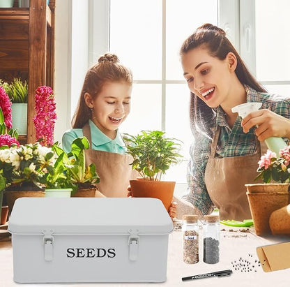 Seed Storage Box, Metal Seed Bin Seed Storage Organizer, 4 Dividers Seed Container with Safety Lock, Seed Box with Professional All-in-one Kit, White