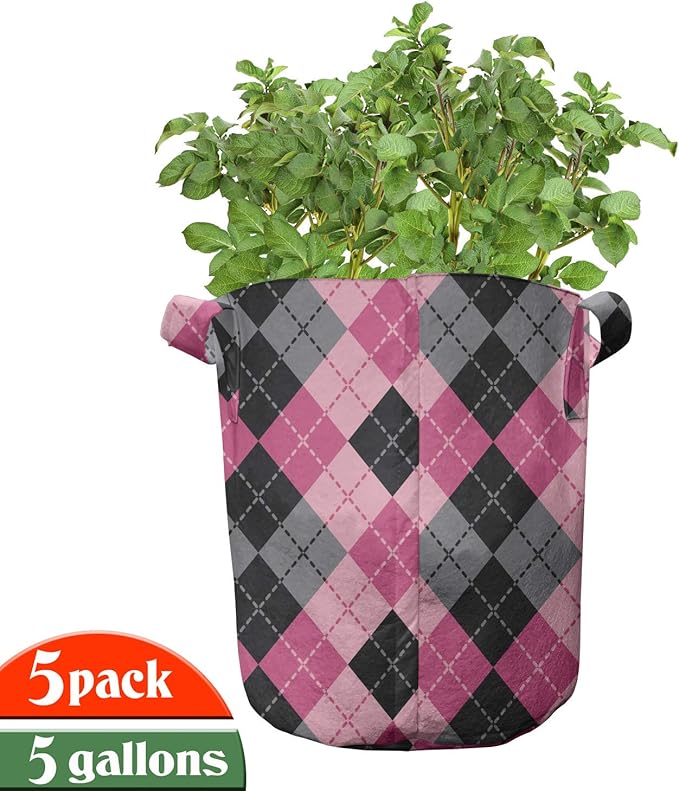 Ambesonne Colorful Grow Bags 5-Pack, Tropical Fresh Fruits, Heavyduty Fabric Pots with Handles for Plants, Scarlet