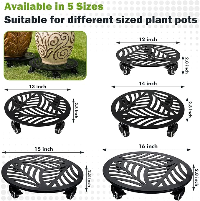 2 Packs Large Metal Plant Caddy with Wheels 13.6" and 12" Heavy-duty Wrought Iron Rolling Plant Stands with PU Metal Casters Indoor Outdoor Round Plant Pot Roller Base Planter Movers, Glossy Black