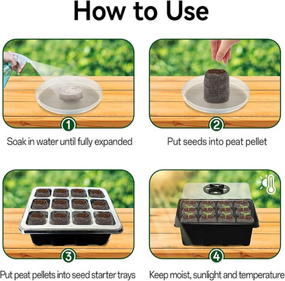 Halatool 8 Pack Seed Starter Tray with 100 PCS Peat Pellets, 96 Cells Black Plant Germination Trays for Organic Seed Starter Soil Pods for Planting Vegetables Plants Flowers Herbs - Starting Seeds Kit