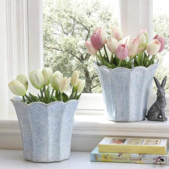 Honeydak 2 Pcs Fluted Ceramic Pots for Plants Indoor 7.5 x 6.5 Inches Spring Easter Scalloped Stylish Ceramic Planters Fluted Tulip Cachepots Blue Flower Pots Home Garden Patio Office Outdoor Planter