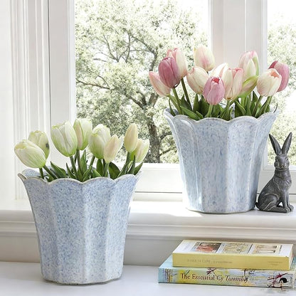 Honeydak 2 Pcs Fluted Ceramic Pots for Plants Indoor 7.5 x 6.5 Inches Spring Easter Scalloped Stylish Ceramic Planters Fluted Tulip Cachepots Blue Flower Pots Home Garden Patio Office Outdoor Planter
