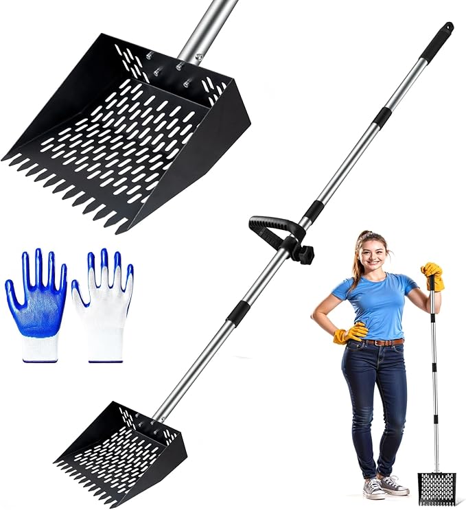 Chicken Poop Scooper and Rake – 2-in-1 Heavy Duty Metal Litter Sifter with Serrated Head & Long Mesh, Adjustable Handle for Effortless Coop Cleaning in Sand, Ideal for Chicken and Duck