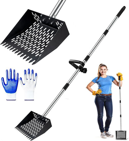 Chicken Poop Scooper and Rake – 2-in-1 Heavy Duty Metal Litter Sifter with Serrated Head & Long Mesh, Adjustable Handle for Effortless Coop Cleaning in Sand, Ideal for Chicken and Duck