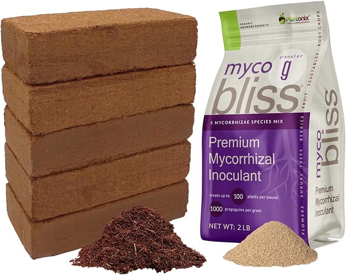 Coco Coir 650gm Bricks (5-Pack) + Myco Bliss Granular (2lbs) - Organic Coco Coir Bricks & Mycorrhizae for Plants - Mycorrhizal Fungi Inoculant - Coconut Coir for Plants - Garden Soil Potting Mix