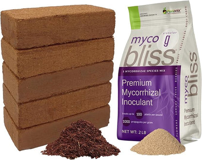 Coco Coir 650gm Bricks (5-Pack) + Myco Bliss Granular (2lbs) - Organic Coco Coir Bricks & Mycorrhizae for Plants - Mycorrhizal Fungi Inoculant - Coconut Coir for Plants - Garden Soil Potting Mix