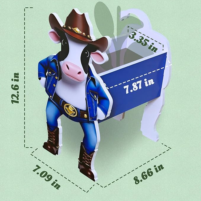 Cow Planter, Cute Animal Shape Flower Planters, Plant Pots for Indoor/Outdoor Garden Decor, Unique Gifts/Souvenirs for Pet Lovers (Western Cowboy-Style Dairy Cow)