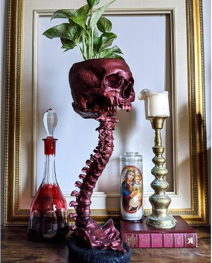Skull Planter Gothic Skull Vase, Resin Skulls Bowl with Spine Stand Spooky Halloween Skeleton Tall Planters Centerpiece for Gothic Home Decor, Flower Pot, Candy Bowl