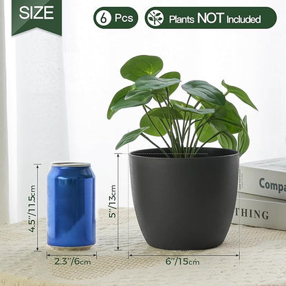 T4U 6 Inch Self Watering Planters Plastic Plant Pot, Modern Decorative Flower Pot/Window Box for All House Plants, Flowers, Herbs, African Violets, Succulents - Black, Set of 6