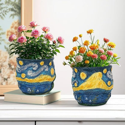 Starry Night Planter Pots Van Gogh Inspired Acolorful Art Flower Pot with Artistic Brushstroke Design Resin Funky Vase for Home Balcony Decoration