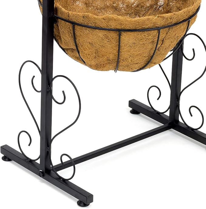 Sorbus Welcome Planter Basket Stand with Coco Liner, Stylish Flower, Plant, and Outdoor Décor for Home, Garden, Patio, Deck, Black Metal