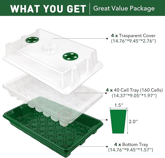 YAUNGEL Seed Starter Tray, XL 160 Cells Thicken Seed Starter Kit with Humidity Dome Durable Growing Trays for Greenhouse Germination Trays Green, 4 Pack