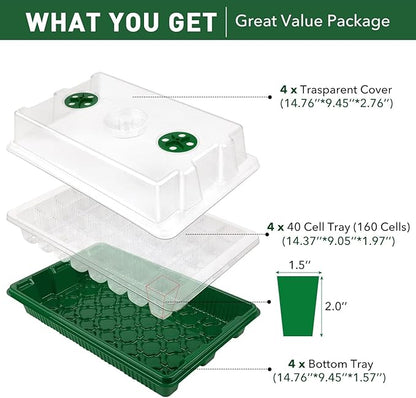 YAUNGEL Seed Starter Tray, XL 160 Cells Thicken Seed Starter Kit with Humidity Dome Durable Growing Trays for Greenhouse Germination Trays Green, 4 Pack