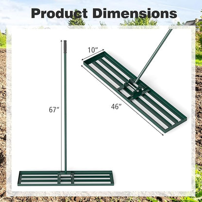 46" x 10" Lawn Leveling Rake, Heavy Duty Landscape Rake with 67" Handle, Non-Slip Grip & Flat Head, Space-Saving Lawn Level Tool for Garden, Backyard, Golf Course & Sports Field(Green)