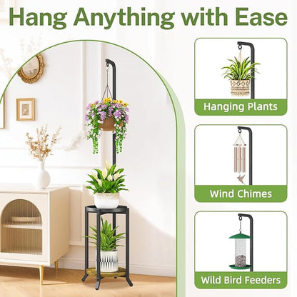 iDavosic.ly 2 Tier Hanging Plant Stand Indoor, Tall Vertical Corner Metal Flower Heavy Duty Pot Holder Shelf for Patio Porch Living Room, Modern Black & Rustic Brown - Round