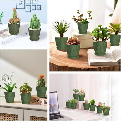 16 Pack 4 Inch Plastic Planter Pots with Tray, Heavy Duty Indoor Outdoor Planter Pots with 48 Drainage Holes for Herbs, Succulents, Seedlings, Flowers Durable and Lightweight Army Green