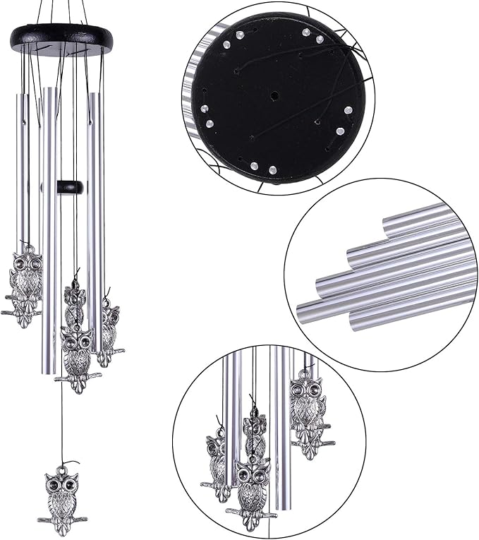 Owl Wind Chimes Outdoor/Indoor Decor - Memorial Wind Bells, Romantic Wind Catcher, Blessing Windchimes Gifts for Mom, Home, Balcony, Yard, Tree, Indoor, Festival Garden Decoration(5 Tubes, 6 Owls)