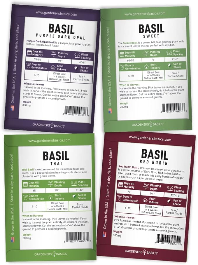 Gardeners Basics, Basil Seeds for Planting Home Garden - 8 Variety Herb Pack Genovese, Large Leaf, Lemon, Thai, Red Rubin, Cinnamon, Sweet and Purple Opal Basil Herb Seeds for Indoors & Outdoors
