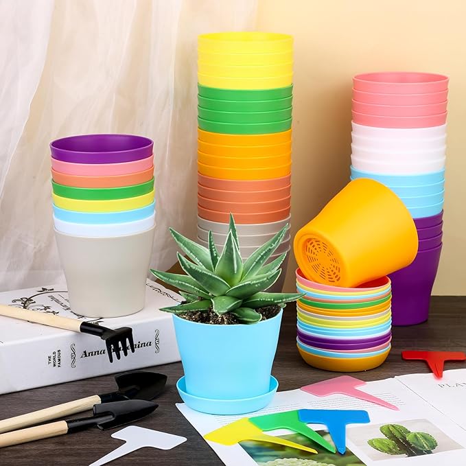 48 Pack Plastic Planters 4 Inch Flower Plant Pots Indoor Set Thickened Seedling Nursery Pots Seed Starting Pots with Drainage Holes Saucers, Mini Garden Tools for Home Office Garden, Multicolor