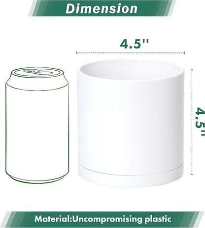 D'vine Dev 4 Pack 4.5 Inch Modern Plastic Plant Pots, Small Garden Planters for Plant with Drainage Holes and Saucers, White Color, 74-Z-F-2