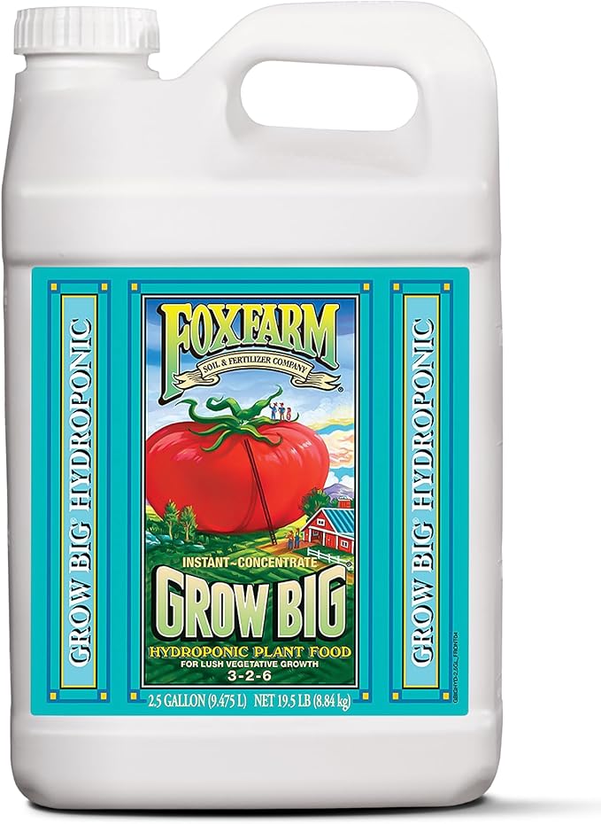 FoxFarm Grow Big Hydroponic Plant Food - 3-2-6 Liquid Plant Fertilizer for Lush Vegetative Growth in Hydroponic Systems - Liquid Concentrate with Earthworm Castings & Micronutrients - 2.5 Gallons