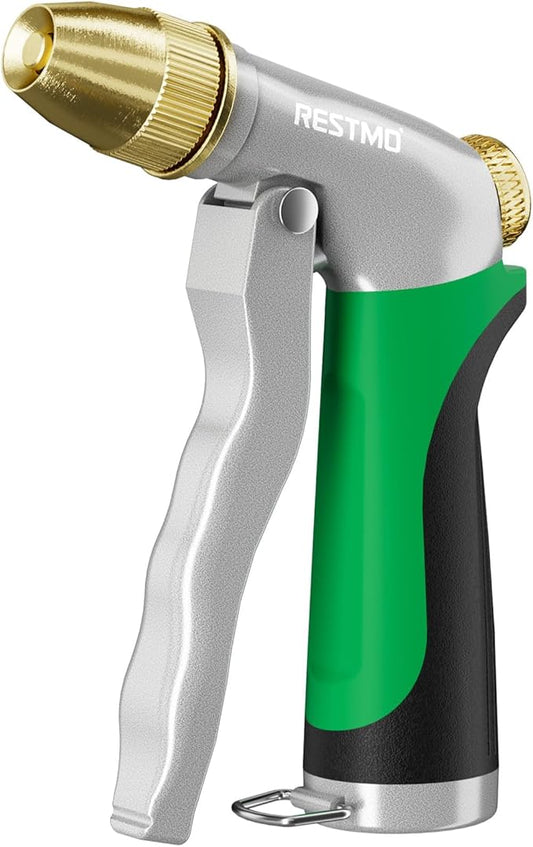 RESTMO Heavy Duty Metal Water Hose Nozzle, High Pressure Garden Hose Nozzle, Hose Sprayer Nozzle with Adjustable Spray Patterns for Garden Watering, Car Washing, Patio and Pet, Green