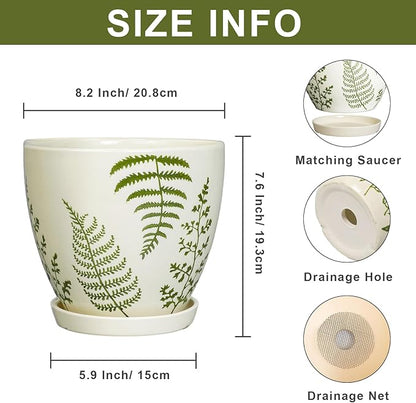Ceramic Plant Pot 8.2 Inch - Ceramic Planter for Indoor Plants, Boho Round Decorative Outdoor Flower Pot with Drainage Hole and Saucer, Housewarming Gifts, Office Home Garden Decor, White