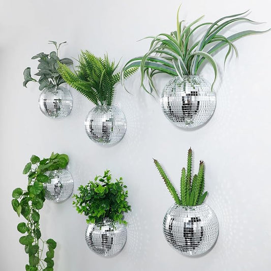 Maxcheck 6 Pcs Disco Ball Planter 4.7 Inch Mirror Disco Ball Wall Hanging Planter Glass Vase Boho Flower Pots Plant Terrariums for Indoor Outdoor Home Decorations (Silver)