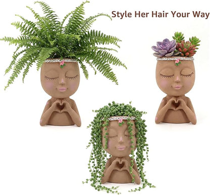Face Planter Pot with Heart Hands, Resin Head Planter for Indoor Plants, Cute Succulent Pots with Drainage Hole, Gardening Gifts for Women Mom Teacher, 7.3" Home Decor (Brown)