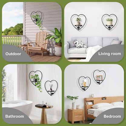 Wall Plant Holder Heart Shape Metal Hanging Planters Framed Plants Hanger Shelf Indoor Wall-Mounted Flower Display Rack for Home Ornament Decor