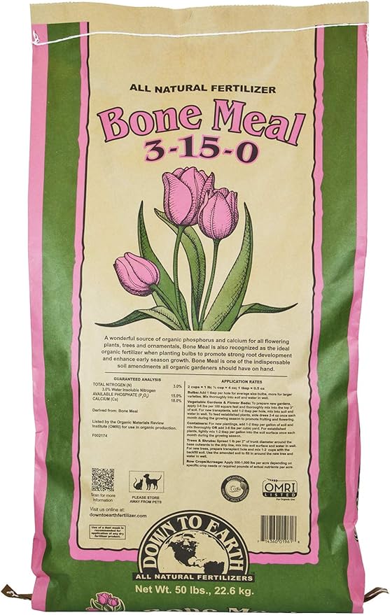 Down To Earth All Natural Fertilizers Organic Bone Meal - High Phosphorus Plant Food for Buds, Bulbs, Blooms, Flowers 3-15-0, 50 Lb