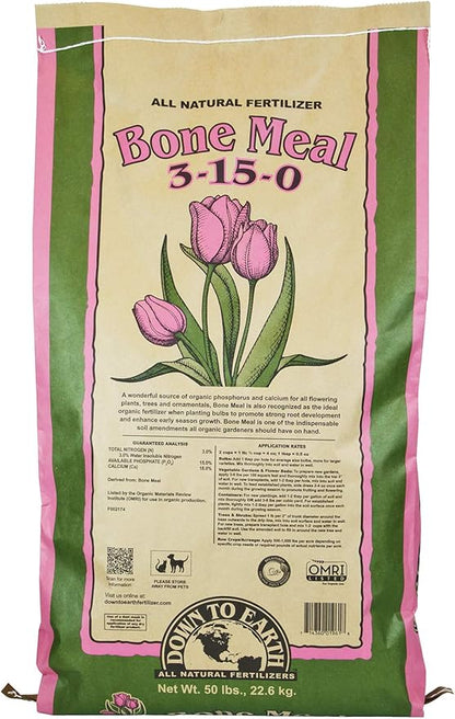 Down To Earth All Natural Fertilizers Organic Bone Meal - High Phosphorus Plant Food for Buds, Bulbs, Blooms, Flowers 3-15-0, 50 Lb