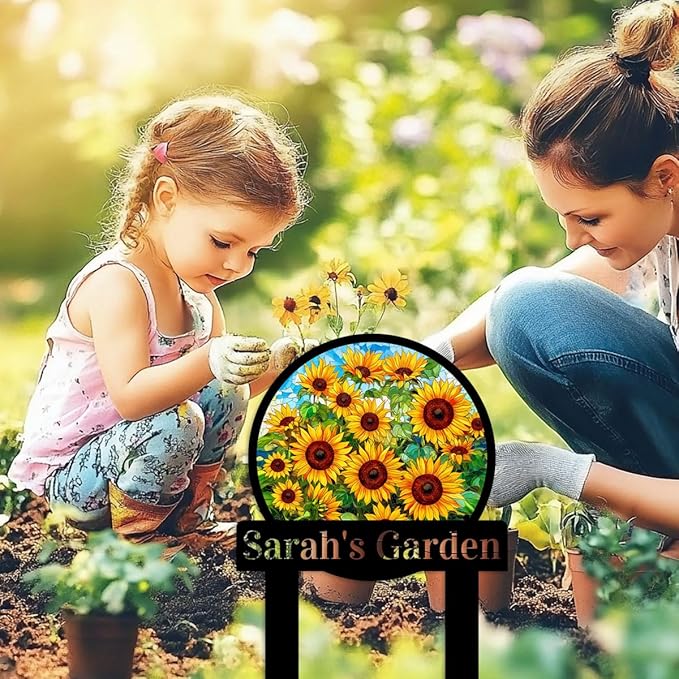 Personalized Sunflower Garden Sign with Stake, Custom Sunflower Garden Stake Plaque Metal Yard Sign, Customized Colorful Sunflower Patio Lawn Outdoor Decor Name Sign for Mom Grandma