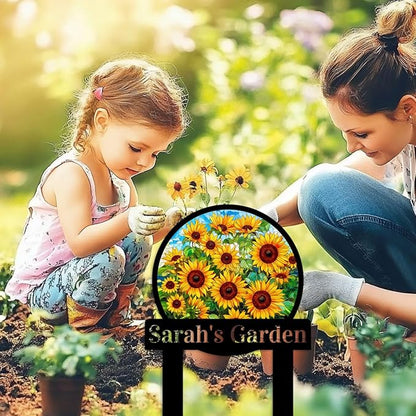 Personalized Sunflower Garden Sign with Stake, Custom Sunflower Garden Stake Plaque Metal Yard Sign, Customized Colorful Sunflower Patio Lawn Outdoor Decor Name Sign for Mom Grandma