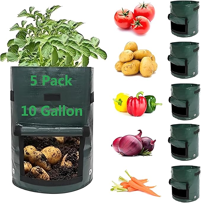 Potato Grow Bags,(5 Pack 10 Gallon) Garden Vegetables Growing Planter with Handles and Access Flap for Planting Potato Carrot Onion Taro Radish Peanut, (Dark Green)