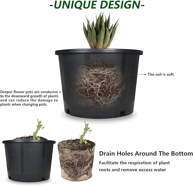 10-Pack 3.9 Gallon Round Planter Nursery Pots, Flower Plant Container Injection Molded Plastic Nursery Pots Gardening Pots for Indoor Outdoor Vegetables, Succulents, Black