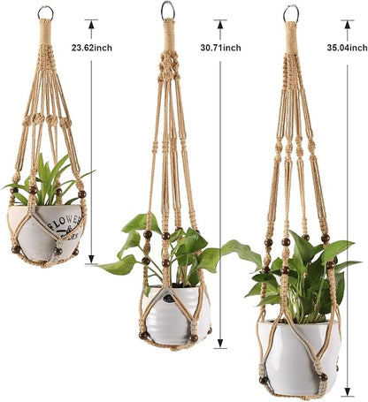 3-Pack Macrame Plant Hanger Indoor - Hanging Planter Basket for Indoor Outdoor - Decorative Boho Plant Holders Set with Beads - Ceiling Flower Pot Holder with 6 Hooks - 35"/30"/24" Linen