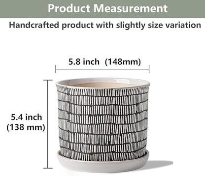 5.8 Inch Plant Pot: Ceramic Planter with Drainage Hole & Saucer - Cylinder Flowerpot for Indoor & Outdoor Plants - with Separate Tray for Home & Office - Striped Design