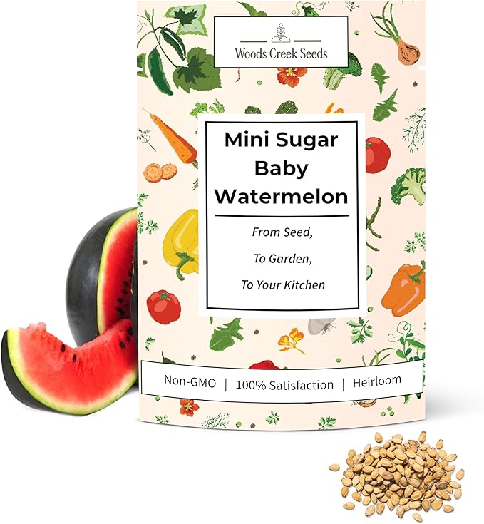Sugar Baby Watermelon Seeds for Planting - Heirloom, Non-GMO Mini Watermelon Seed Pack, Small Bush Melon Seeds Variety for Home Gardens & Outdoors | Woods Creek Seeds