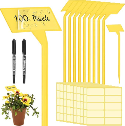 202 Pcs Large Plant Labels Kit, Include 100 Outdoor Plastic Plant T Type Tags Waterproof Reusable Plant Markers Stakes, 100 PET Films and 2 Marker Pens for Garden Herbs Flowers Pot (Yellow, 11.8 Inch)