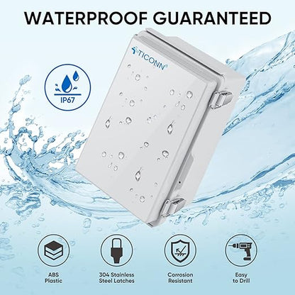 TICONN Outdoor Electrical Box Waterproof, Junction Box IP67 ABS Plastic Enclosure with Hinged Cover with Mounting Plate, Wall Brackets, Cable Glands (Off-White, 10.2"x6.3"x3.9")