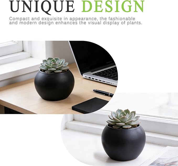 Black Spherical Ceramic Plant Pots Succulent Small Planter Indoor Modern Round Decorative Indoor-Outdoor Garden Plant Pots with Drainage Holes - Plants Not Included 3.94 x 3.94 x 3.15 Inch
