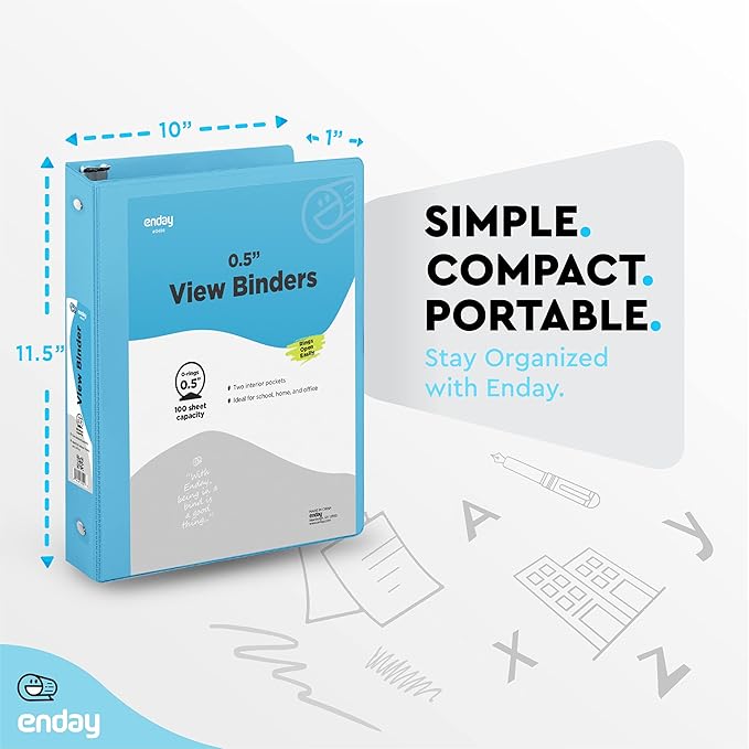 ½ Inch 3 Ring Binder .5 inch Blue Clear View Cover with 2 Inside Pockets, Colored School Supplies Office and Home Binders – by Enday