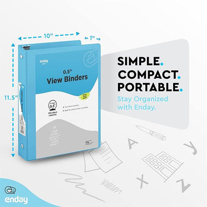 ½ Inch 3 Ring Binder .5 inch Blue Clear View Cover with 2 Inside Pockets, Colored School Supplies Office and Home Binders – by Enday